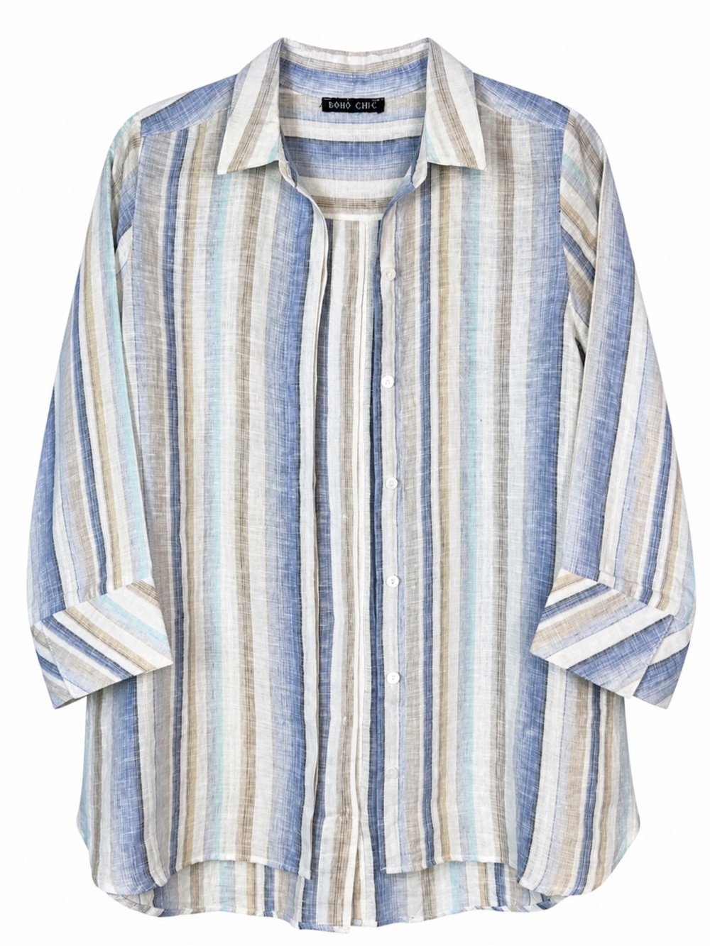 100% Linen Striped Button Down Shirt Coastal Beachy Layer Boho Chic. Fits M
